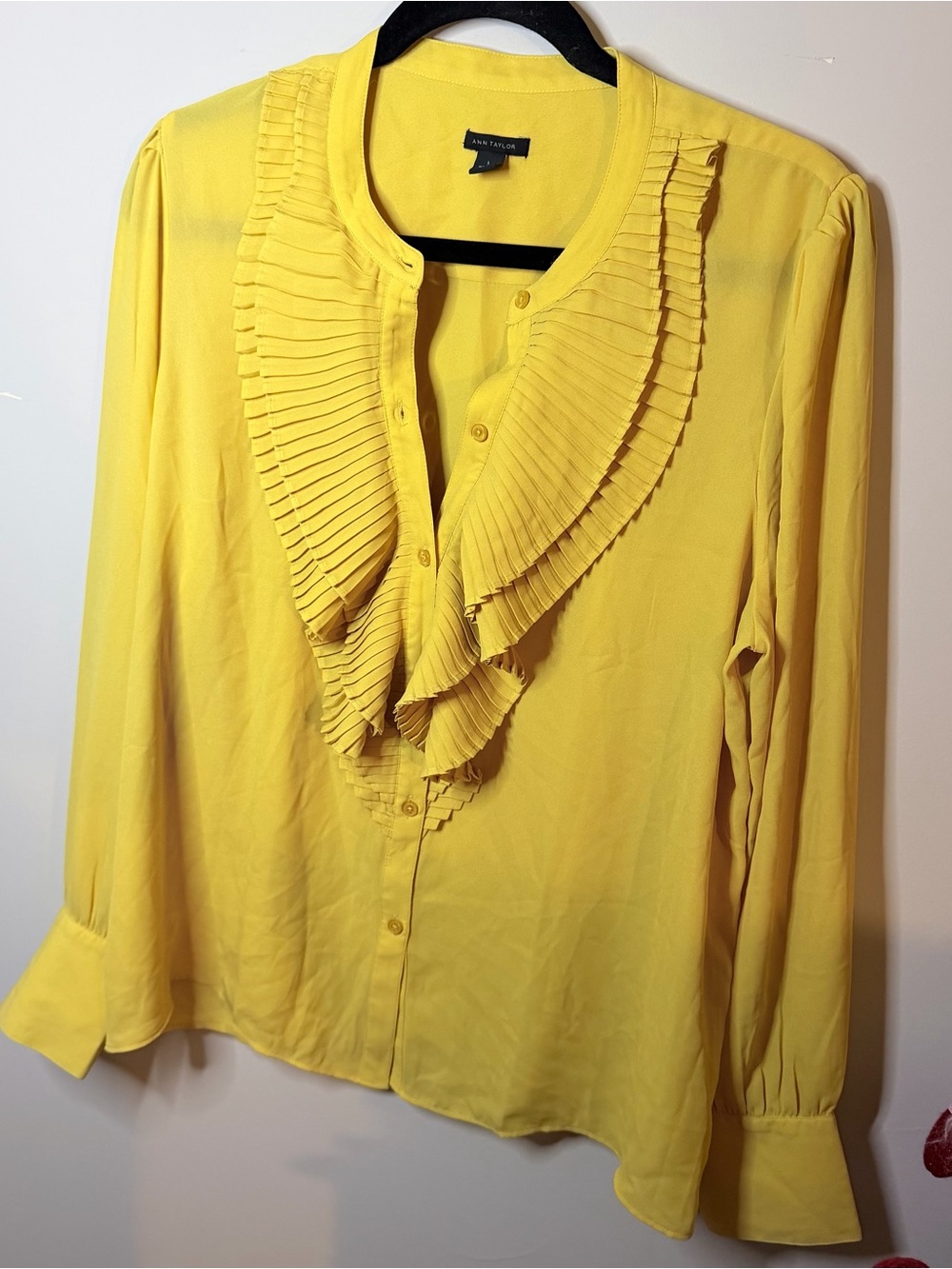 Ann Taylor Yellow Pleated Ruffle Button-Down Blouse